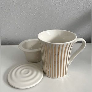 Teavana Gold Striped Fine Porcelain Tea Cup w/ Infuser + Lid